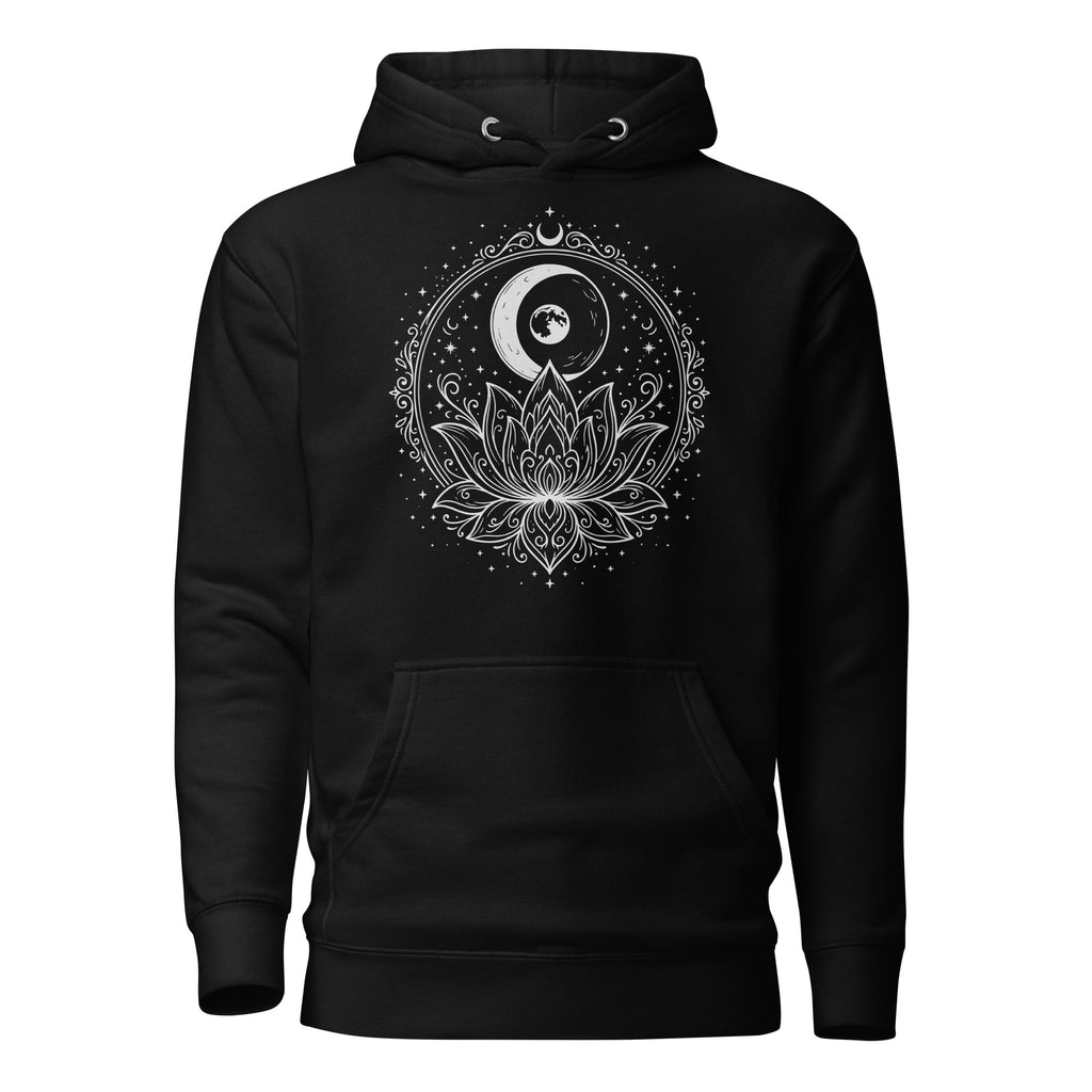 moon water lily hoodie, mystical floral hoodie, witchy hoodie, magical moon hoodie, water lily sweatshirt, botanical gothic hoodie, pagan witch hoodie, moon flower design, mystic nature hoodie, cozy witchcore hoodie, dark botanical clothing, magical floral streetwear, pouch pocket hoodie, classic streetwear hoodie, Merloan witchy hoodie