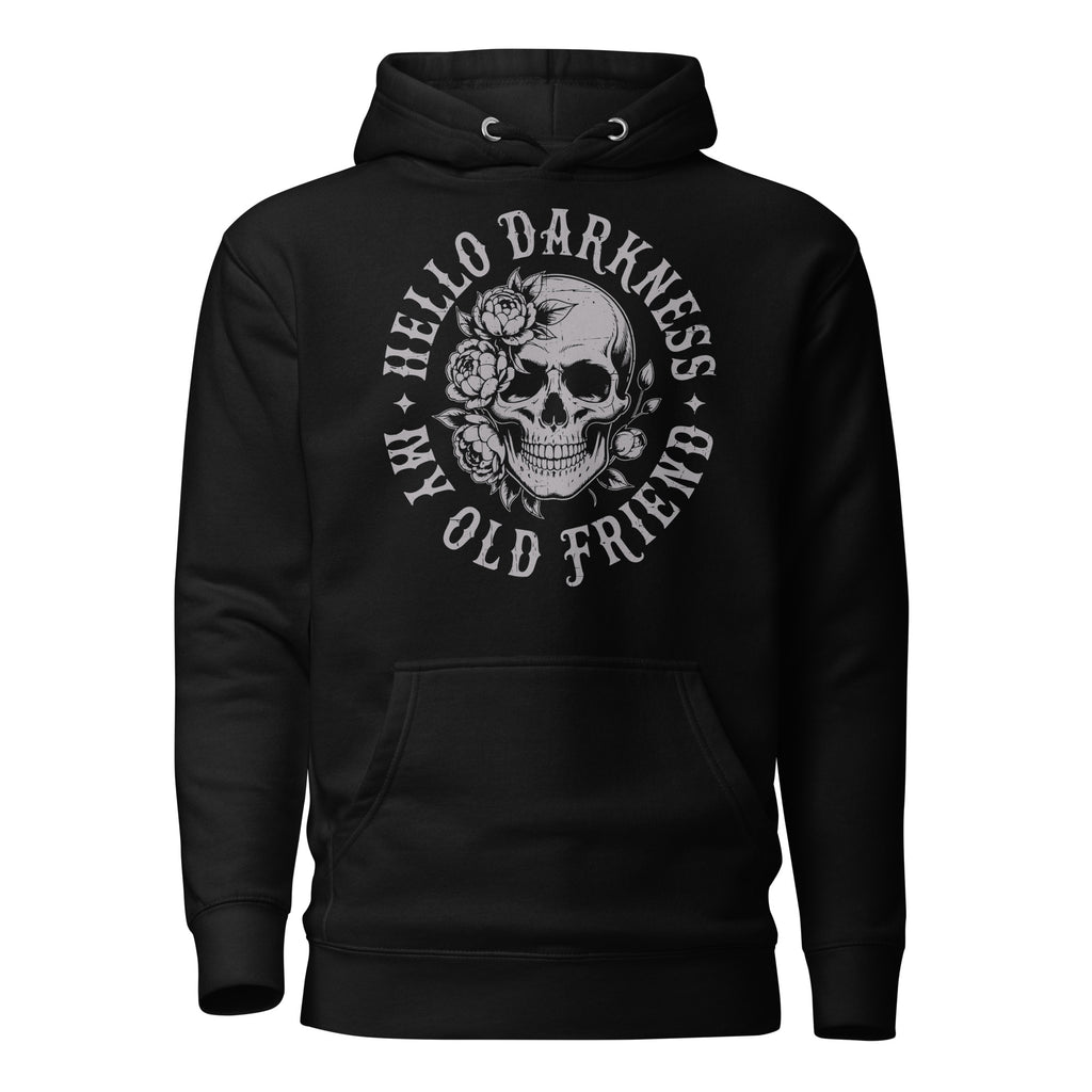 hello darkness hoodie, skull flowers hoodie, floral skull sweatshirt, gothic floral hoodie, dark flower hoodie, skull flower design, alternative hoodie, gothic streetwear hoodie, emo floral hoodie, dark humor hoodie, cozy gothic hoodie, pouch pocket hoodie, classic streetwear hoodie, black skull hoodie, Merloan skull hoodie