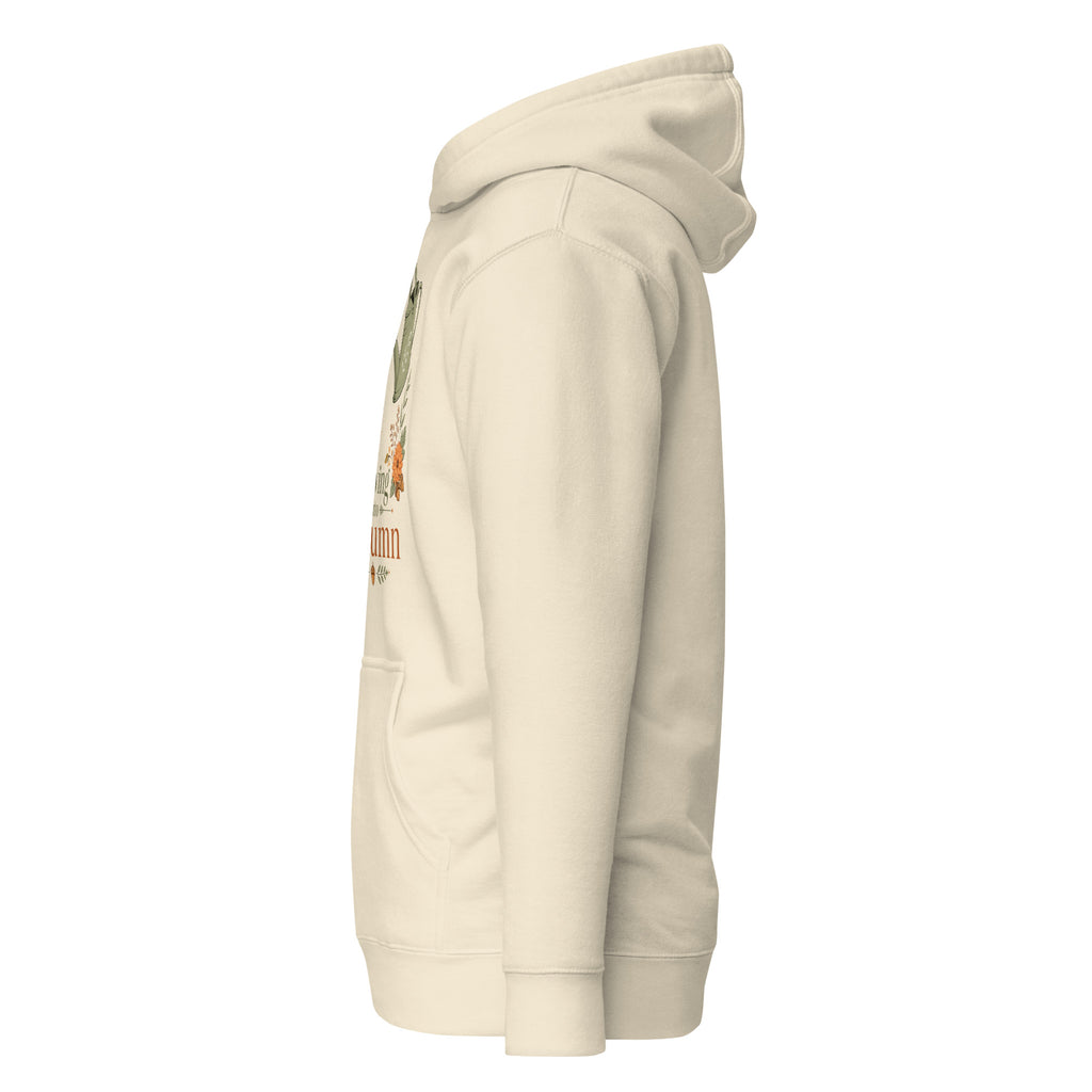 growing into autumn hoodie, autumn hoodie, cozy fall hoodie, seasonal hoodie, botanical autumn hoodie, fall graphic sweatshirt, chilly day hoodie, autumn outfit, cozy autumn style, fall fashion hoodie, warm hooded sweatshirt, pouch pocket hoodie, soft cotton face hoodie, Merloan autumn hoodie, relaxed fall hoodie