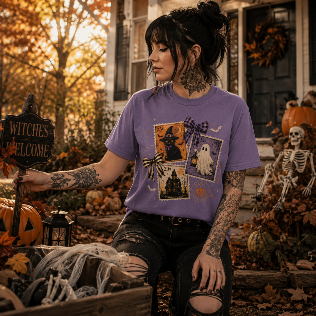 vintage Halloween t-shirt, Halloween postage stamp shirt, spooky stamp graphic tee, purple Halloween shirt, cozy autumn Halloween outfit, ghost and black cat t-shirt, haunted house graphic tee, retro spooky season shirt, alternative Halloween fashion, rock style fall outfit, Halloween garden decorating shirt, witchy autumn t-shirt, cute spooky graphic tee, pumpkin season clothing, vintage ghost shirt, cozy Halloween aesthetic, women’s Halloween graphic tee, fall front porch outfit, unisex spooky season t-sh
