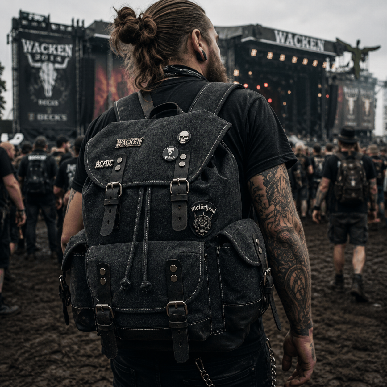 Vintage Waxed Canvas Backpack | 30L Festival Travel Rucksack with Leather Accents | Outdoor Hiking Backpack Merloan