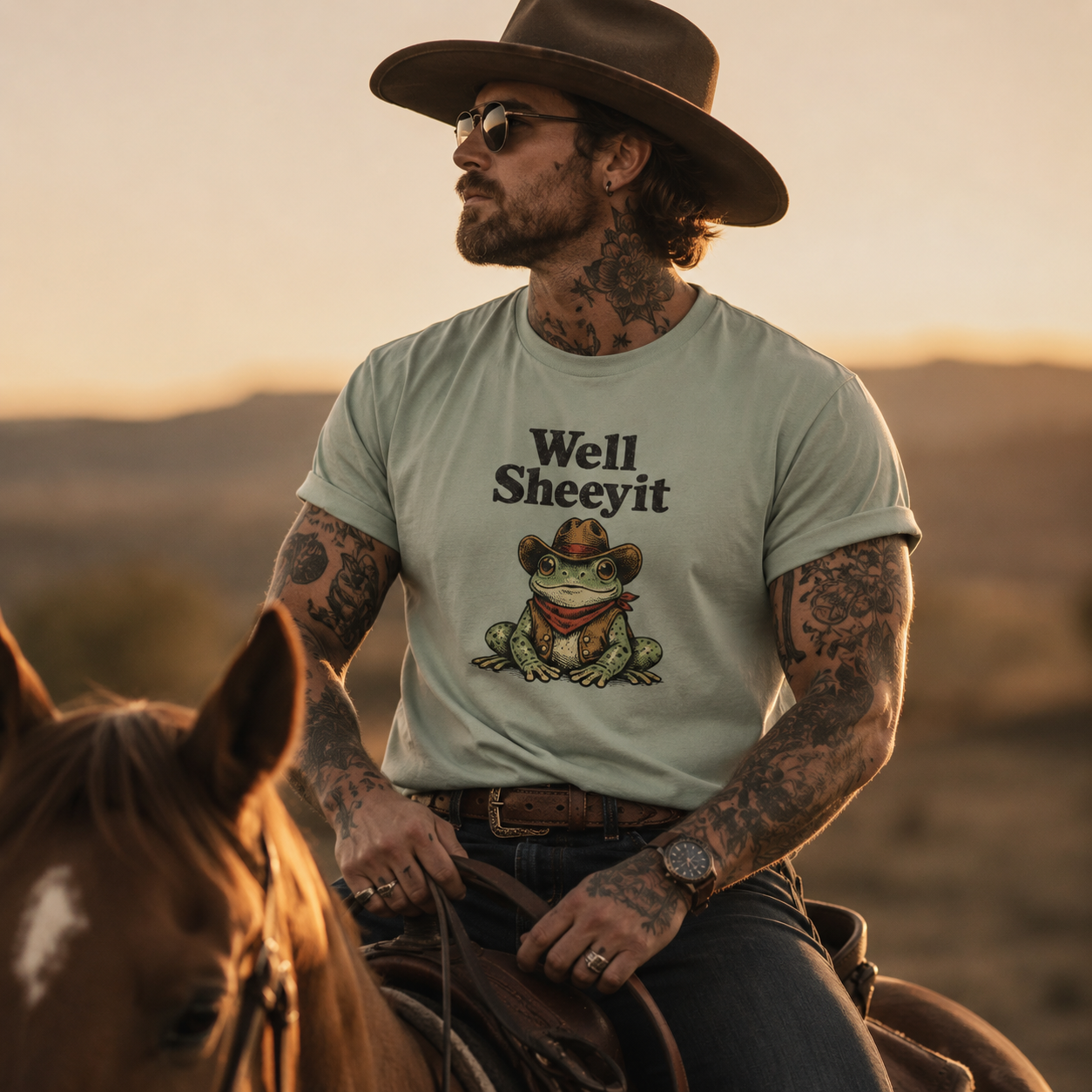 well sheeyit shirt, cowboy frog t-shirt, western humor graphic tee, funny frog shirt, country western t-shirt, cowboy style graphic shirt, alternative western fashion, hipster cowboy outfit, rodeo inspired t-shirt, muscular cowboy style, sunset horseback riding shirt, western graphic tee for men, humorous country shirt, frog lover gift, vintage cowboy graphic tee, sage green t-shirt, ranch lifestyle apparel, country music style shirt, western streetwear men, Merloan western shirt