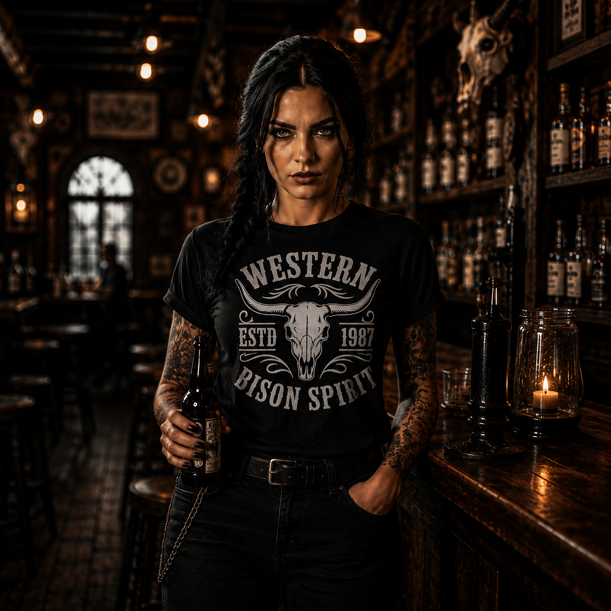 western bison t-shirt, bull skull graphic tee, cowgirl shirt, western gothic clothing, country rock t-shirt, black western shirt, biker cowgirl outfit, vintage western graphic tee, bison spirit shirt, alternative western fashion, rodeo inspired apparel, western bar outfit, unisex bull skull shirt, dark country style, western gift idea
