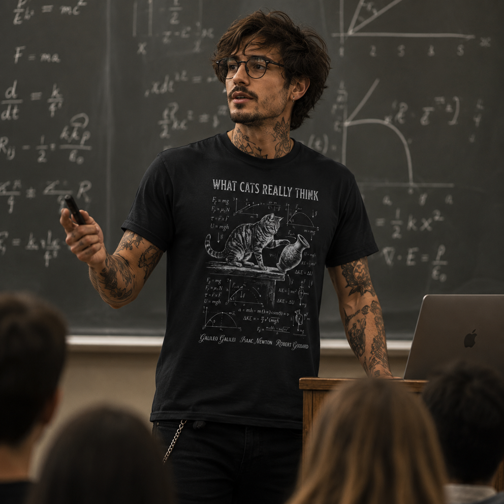 what cats really think shirt, science cat t-shirt, physics cat graphic tee, nerdy cat shirt, professor graphic t-shirt, university lecturer outfit, academic humor shirt, funny science t-shirt, cat lover gift for men, alternative professor style, black science graphic tee, physics teacher shirt, intellectual cat apparel, lecture hall outfit, STEM humor t-shirt, smart casual alternative fashion, scientist gift shirt, college professor tee, geeky cat clothing, Merloan nerd shirt