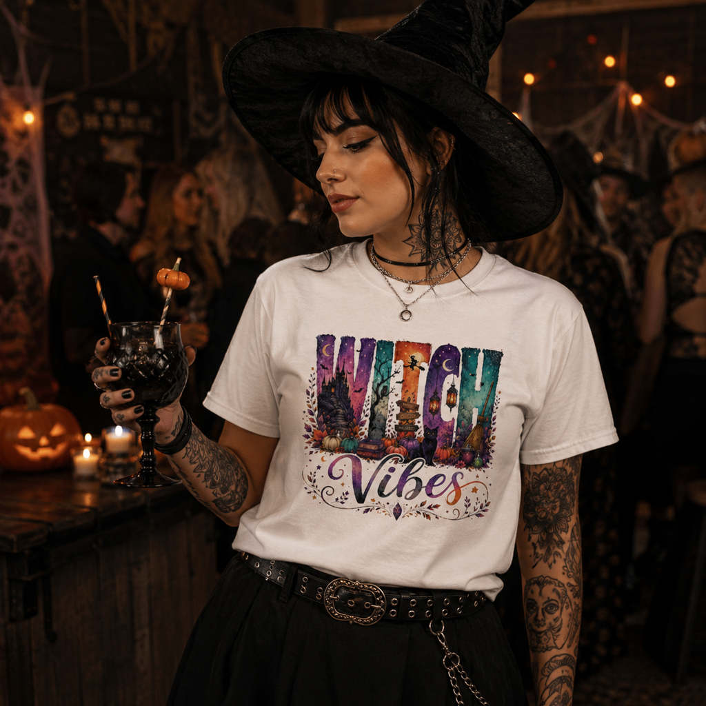 witch vibes t-shirt, Halloween witch shirt, witchy graphic tee, magical Halloween shirt, spooky season t-shirt, gothic Halloween outfit, alternative witch fashion, witch hat party outfit, Halloween party shirt, mystical graphic t-shirt, colorful witchcraft tee, witchy vibes clothing, spooky drink outfit, occult inspired fashion, Halloween graphic shirt, rock style witch tee, women’s alternative Halloween shirt, magical aesthetic clothing, unisex witchy t-shirt, festive spooky season tee
