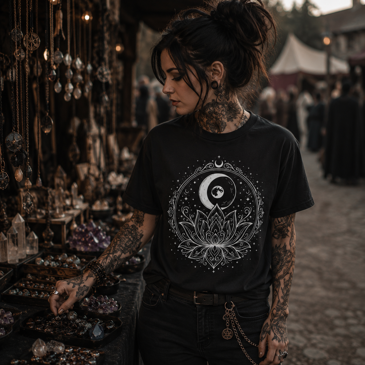 witchy lotus moon shirt, celestial lotus t-shirt, witchcraft graphic tee, moon phase shirt, mystical women’s t-shirt, occult inspired apparel, spiritual lotus shirt, celestial gothic clothing, witchy market outfit, crystal lover t-shirt, gemstone jewelry shirt, pagan aesthetic tee, alternative women’s fashion, black witchy graphic shirt, sacred lotus design, moon and stars apparel, medieval market outfit, mystical boho clothing, witchcraft gift for women, Merloan witchy shirt