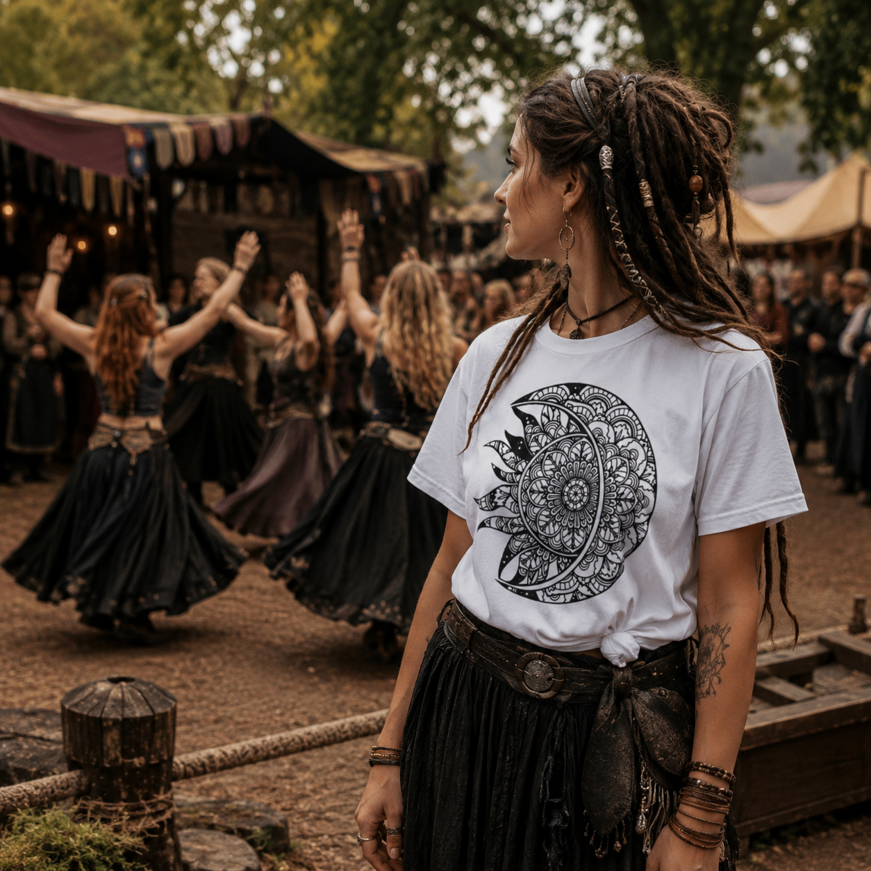 witchy t-shirt, witchcraft shirt, celestial mandala shirt, sun and moon t-shirt, mystical graphic tee, occult inspired clothing, pagan t-shirt, boho witch shirt, spiritual mandala tee, alternative witch fashion, gothic boho shirt, medieval market outfit, festival witch clothing, dreadlock fashion, mystical sun moon design, black and white graphic shirt, women’s witchy streetwear, unisex witchcraft tee, celestial bohemian clothing, magical aesthetic shirt